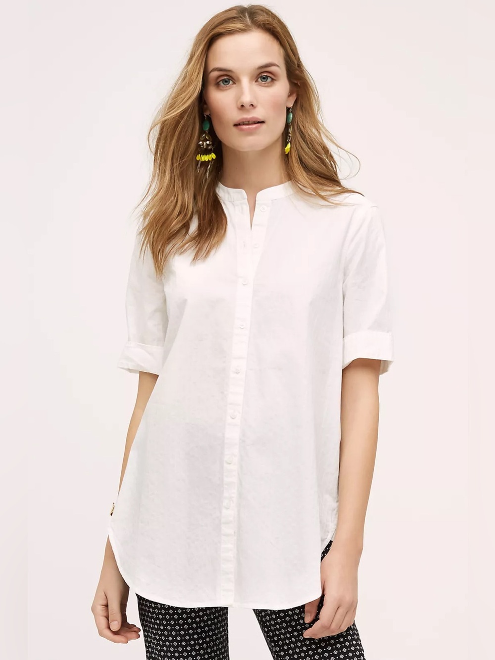 Anthropologie HD Paris Poplin Buttondown Tunic Madeline Collar White Top Size 2